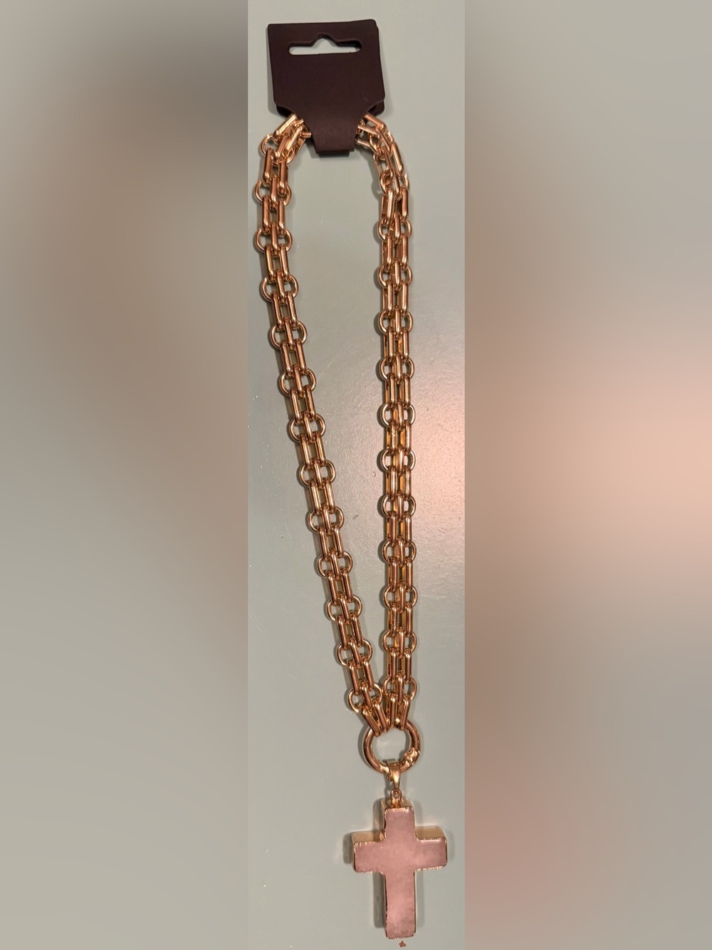 Gold Double Link Necklace with White Quartz Crystal Cross Pendant